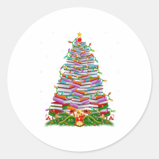 Book Christmas Tree Lights Book Lover Teacher Libr Ronde Sticker (Voorkant)