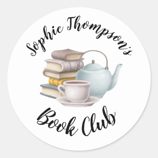 Book Club Name Tea Pot Cup Books Script Ronde Sticker (Voorkant)