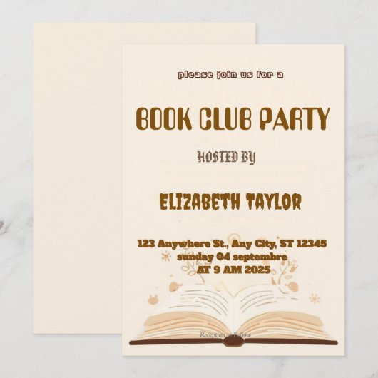 Book Club Party Invitation – Cozy Reading Night Kaart (Voorkant / Achterkant)