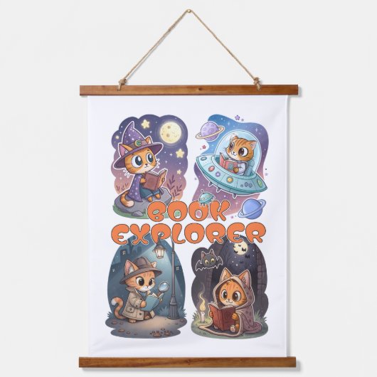 Book Explorer – Cute Cat Reading Adventure Hangend Wandkleed (Voorkant)