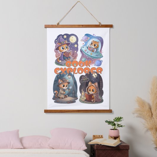 Book Explorer – Cute Cat Reading Adventure Hangend Wandkleed (Slaapkamer)