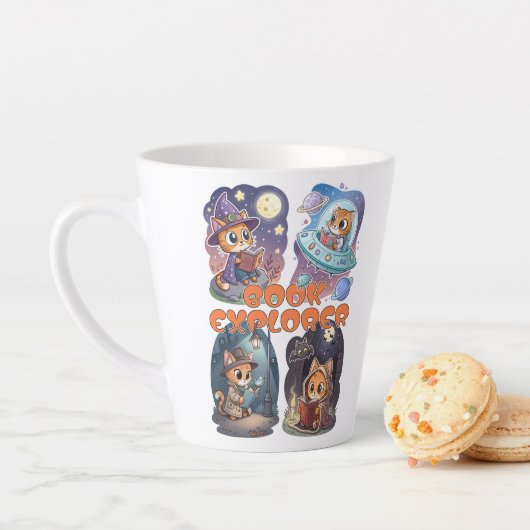 Book Explorer – Cute Cat Reading Adventure Latte Mok (In situ)