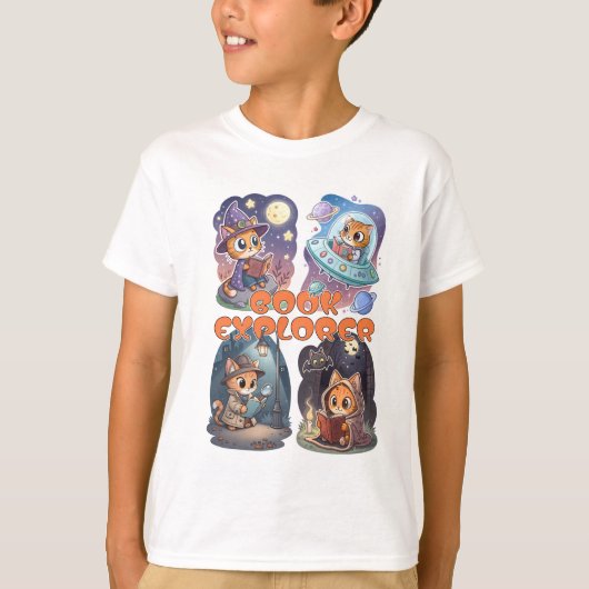 Book Explorer – Cute Cat Reading Adventure T-shirt (Voorkant)