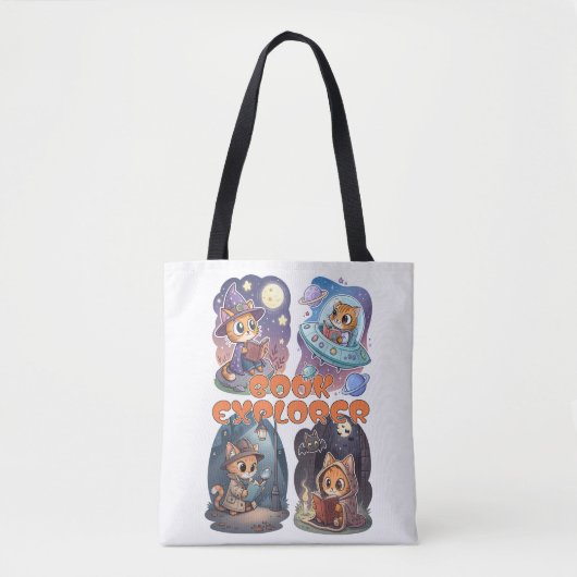 Book Explorer – Cute Cat Reading Adventure Tote Bag (Voorkant)