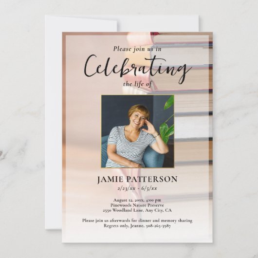 Book Lover Celebration of Life Your Photo Funeral Kaart (Voorkant)