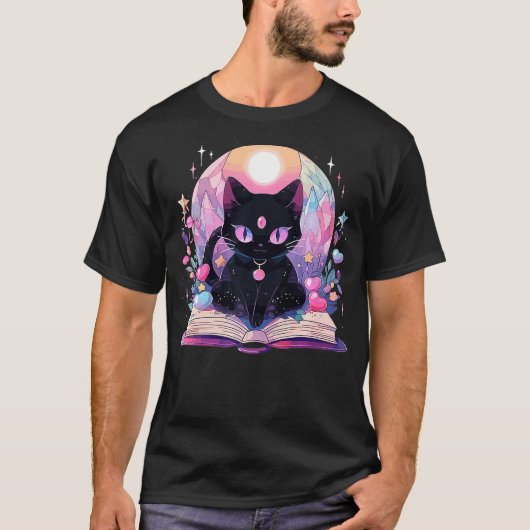Book Lover Crystal Witchy Cute Black Cat Kawaii Pa T-shirt (Voorkant)