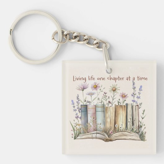 Book Lover Gift with Floral and Book Stack Design Sleutelhanger (Voorkant)