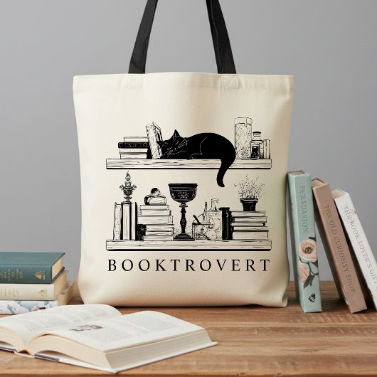 Book Lover's Booktrovert Black Cat Tote Bag