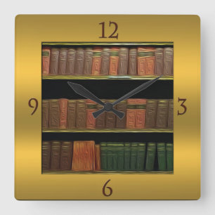 Book Lover's Square Gold Vierkante Klok