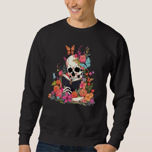Book Reading Skull Skeleton Flowers Floral Bookish Trui (Voorkant)