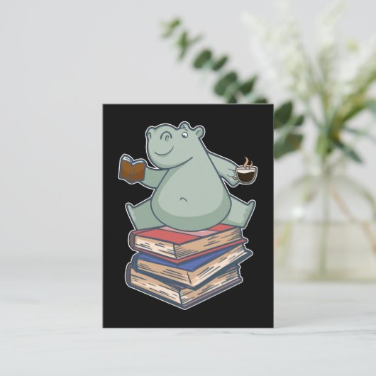 Book Reading Tea Coffee Kawaii Bookworm Hippo Briefkaart (Staand voorkant)