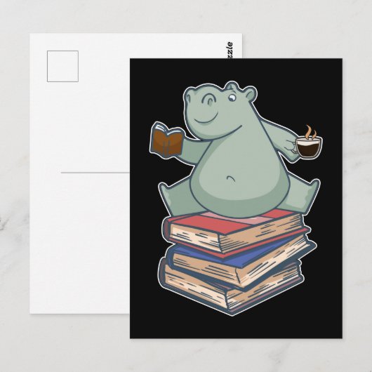 Book Reading Tea Coffee Kawaii Bookworm Hippo Briefkaart (Voorkant / Achterkant)