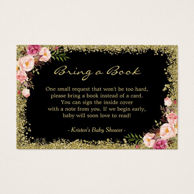 Book Request Card Black Gold Glitter Pink Floral Visitekaartje (Voorkant)