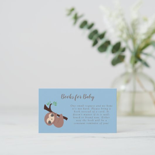 Book Request Card Cute Sloth Baby shower Blue boy Informatiekaartje (Staand voorkant)