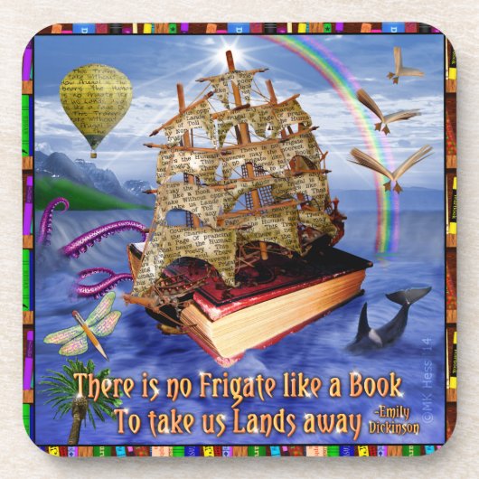Book Ship Ocean Scene met Emily Dickinson Quote Bier Onderzetter (Voorkant)