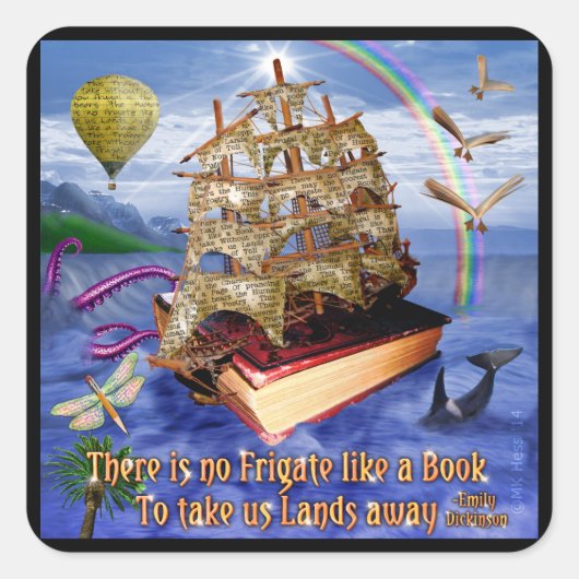 Book Ship Ocean Scene met Emily Dickinson Quote Vierkante Sticker (Voorkant)