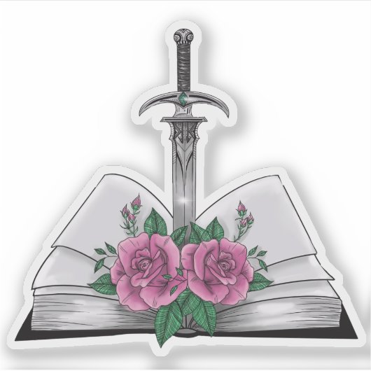 Book with sword and roses sticker (Voorkant)