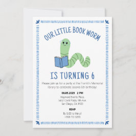 Book Worm Reading Lover Birthday Party Invite Kaart
