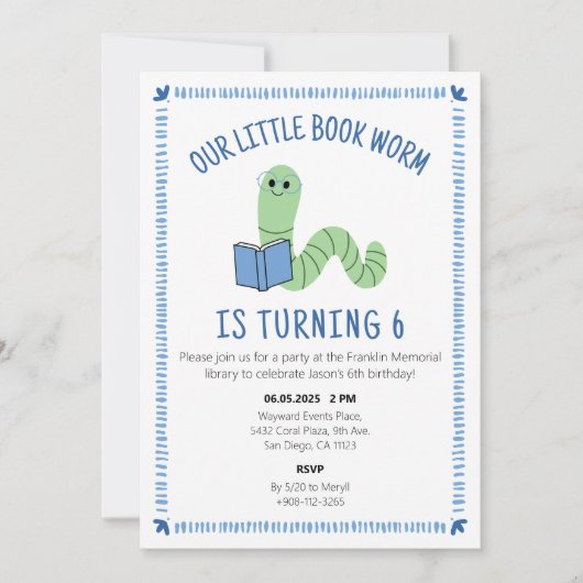 Book Worm Reading Lover Birthday Party Invite Kaart (Voorkant)
