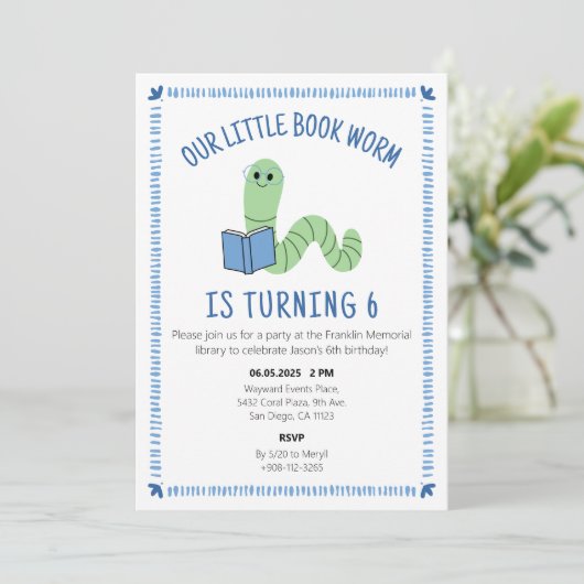 Book Worm Reading Lover Birthday Party Invite Kaart (Staand voorkant)