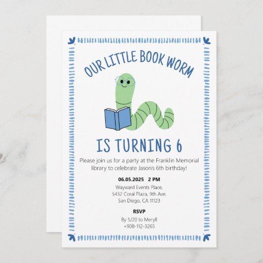 Book Worm Reading Lover Birthday Party Invite Kaart (Voorkant / Achterkant)