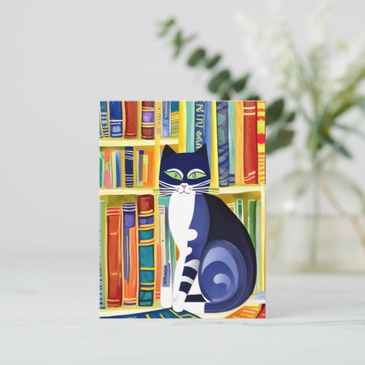 Bookish Cat Aesthetic - Cat On A Bookshelf Briefkaart (Staand voorkant)