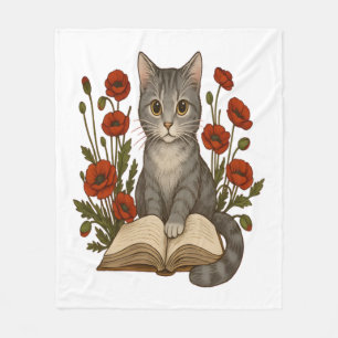 Bookish Cat – Schattigee leeskat met klaprozen voo Fleece Deken