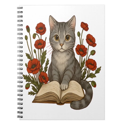 Bookish Cat – Schattigee leeskat met klaprozen voo Notitieboek (Voorkant)