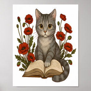 Bookish Cat – Schattigee leeskat met klaprozen voo Poster