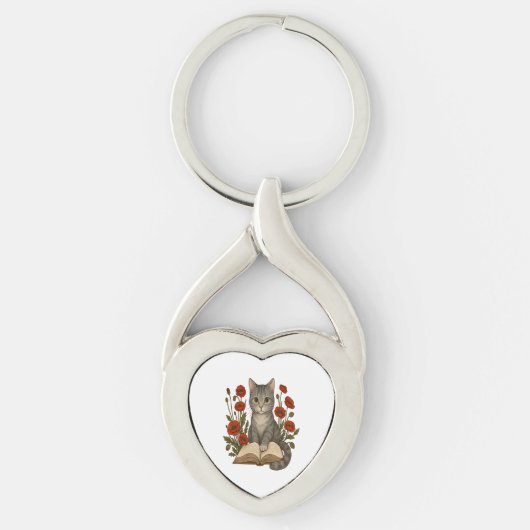 Bookish Cat – Schattigee leeskat met klaprozen voo Sleutelhanger (Voorkant)