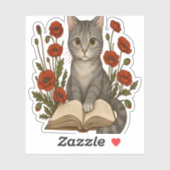 Bookish Cat – Schattigee leeskat met klaprozen voo Sticker (Vel)