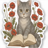 Bookish Cat – Schattigee leeskat met klaprozen voo Sticker (Voorkant)