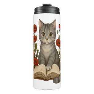 Bookish Cat – Schattigee leeskat met klaprozen voo Thermosbeker