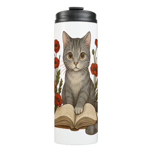 Bookish Cat – Schattigee leeskat met klaprozen voo Thermosbeker (Voorkant)