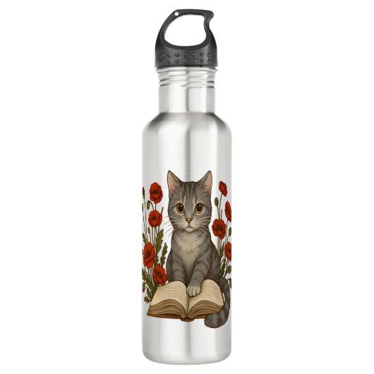 Bookish Cat – Schattigee leeskat met klaprozen voo Waterfles (Voorkant)