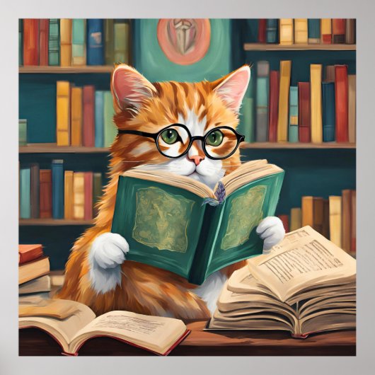 Bookish Cat Wall Art Print – Schattigee Leeskat (Voorkant)