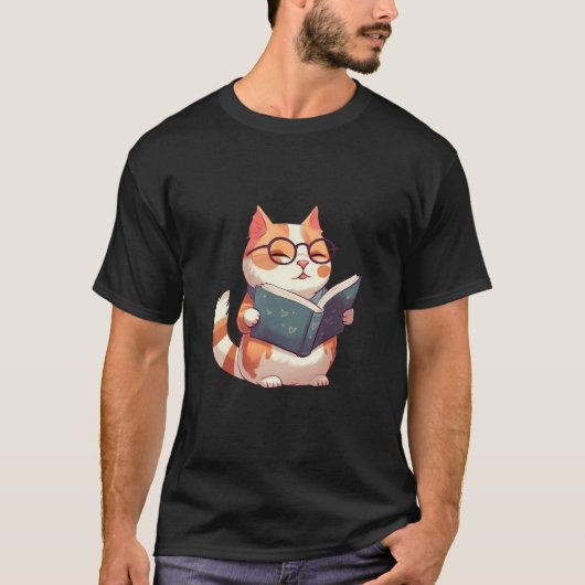 Bookish Cat with Glasses Cute & Intellectual Desi T-shirt (Voorkant)