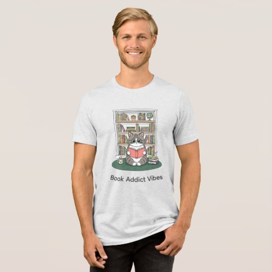 Bookish Kitty Reading Cozy Bookshelf Doodle Design Tri-Blend Shirt (Voorkant volledig)