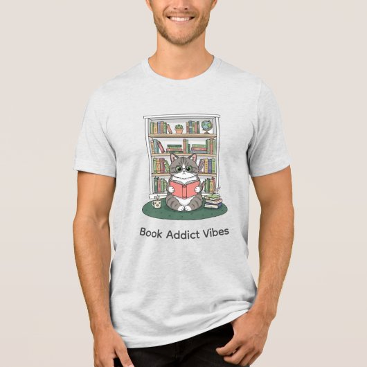 Bookish Kitty Reading Cozy Bookshelf Doodle Design Tri-Blend Shirt (Voorkant)