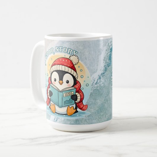 Bookish Penguin Adventure Large Coffee Tea Mug Koffiemok (Voorkant links)
