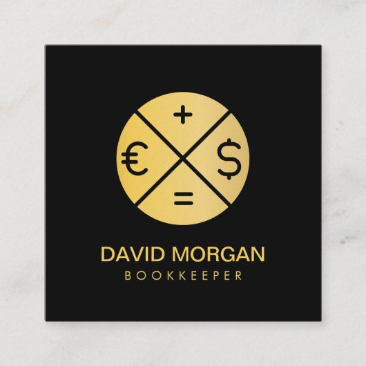 Bookkeeper Calculator Zwart en Goud Vierkante Visitekaartje (Voorkant)