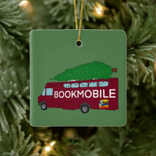 Bookmobile with Christmas Tree on Top Keramisch Ornament