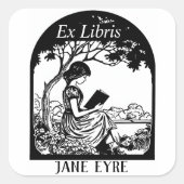Bookplate - Meisje lezen onder boom Vierkante Sticker (Voorkant)