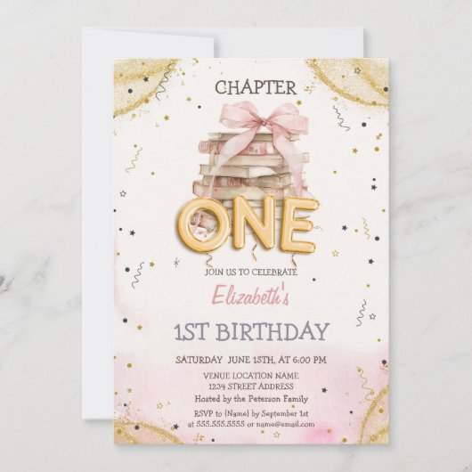 Books Bow Confetti Watercolor 1st Birthday  Kaart (Voorkant)