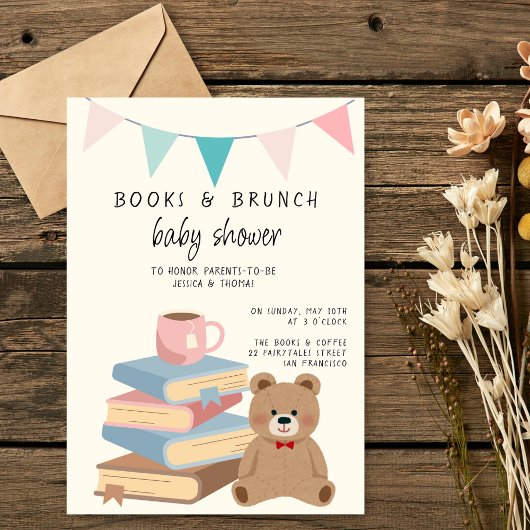 Books & Brunch Neutral Books & Teddy Baby Shower Kaart
