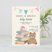 Books & Brunch Neutral Books & Teddy Baby Shower Kaart (Staand voorkant)