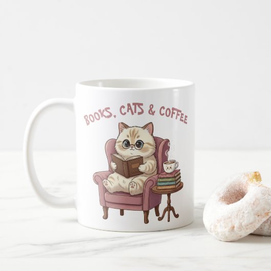 Books, Cats & Coffee Cute Cat Lover Mug Koffiemok (Met donut)