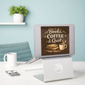 Books, Coffee & Quiet – Dark Academia Book Lover Sticker (Laptop op bureau)
