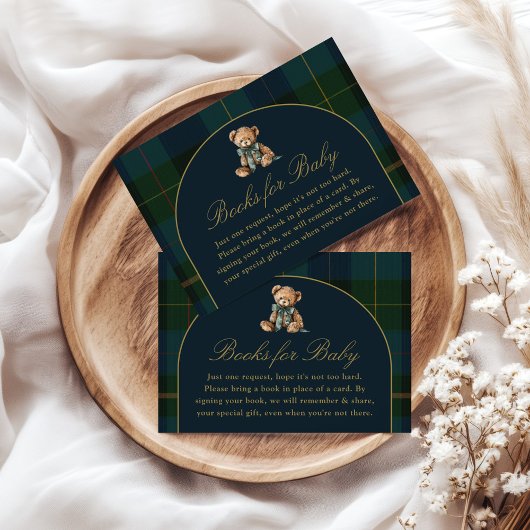 Books for Baby Card Classic Dark Green Blue Plaid  Informatiekaartje