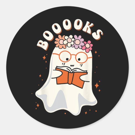 Books Groovy Cute Ghost Book Retro Reading Hallo Ronde Sticker (Voorkant)